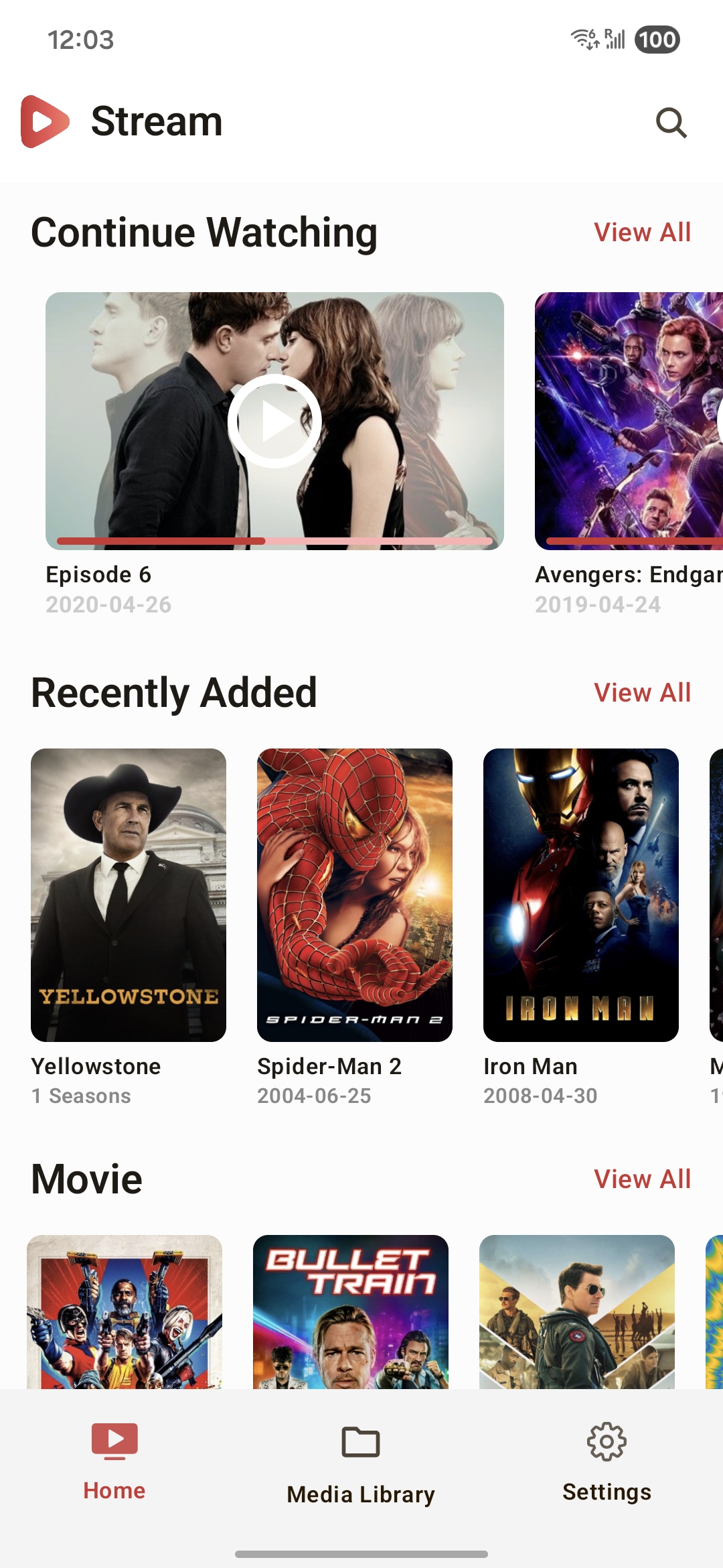 Stream app home screen